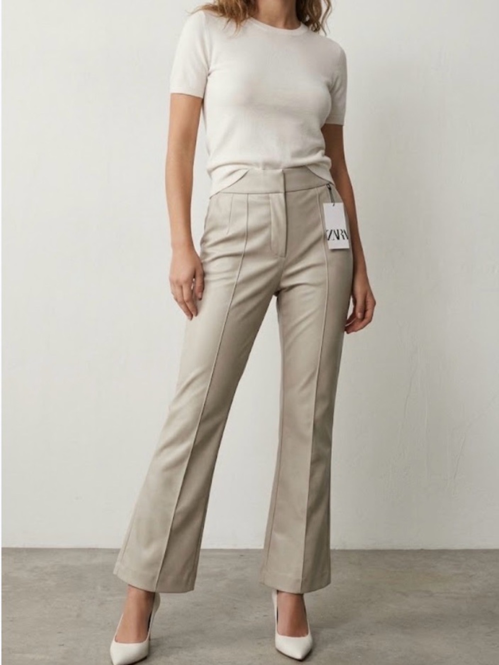 NWT ZARA Faux Leather Mini Flare Leggings Ecru Beige Sz S 5427/233